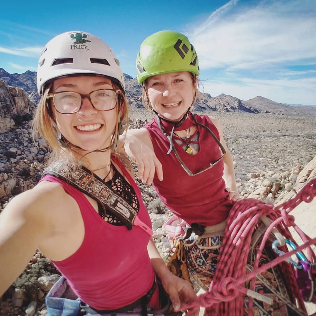 Cadi and Mary at the top of a pitch in Joshua Tree
