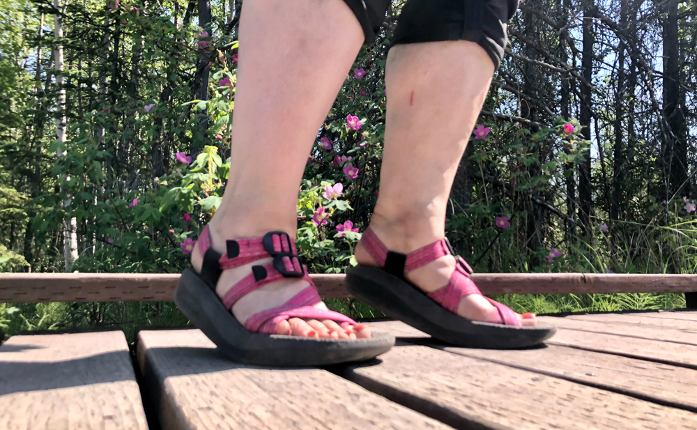 They dry quickly when you get them wet, provide decent traction with the slip resistant bottoms, give enough foot support for short hikes, and provide plenty of cushion to prevent feeling sharp rocks underfoot.